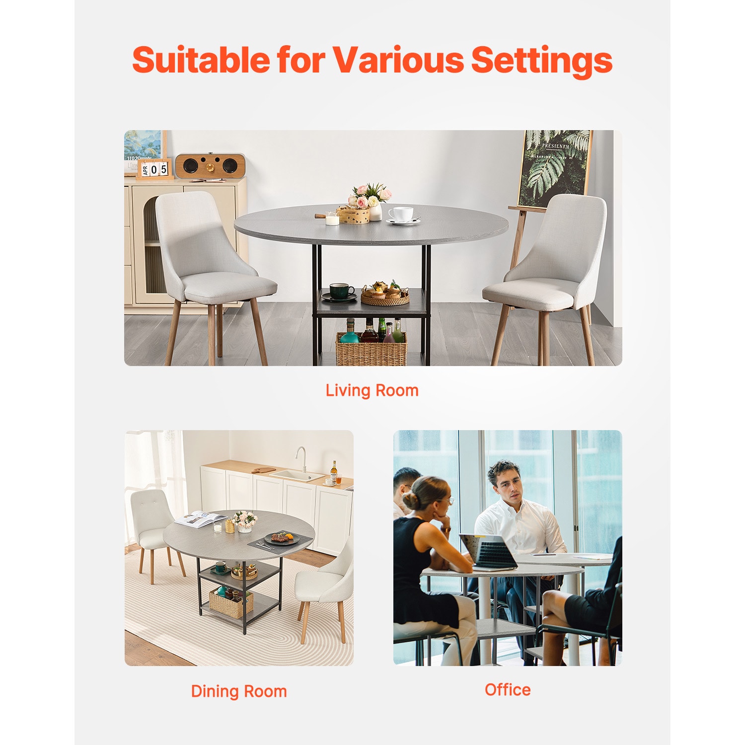 47 In Round Dining Table Wood Kitchen Table For 4-6 Person Grey (Only Table)_voghion.com